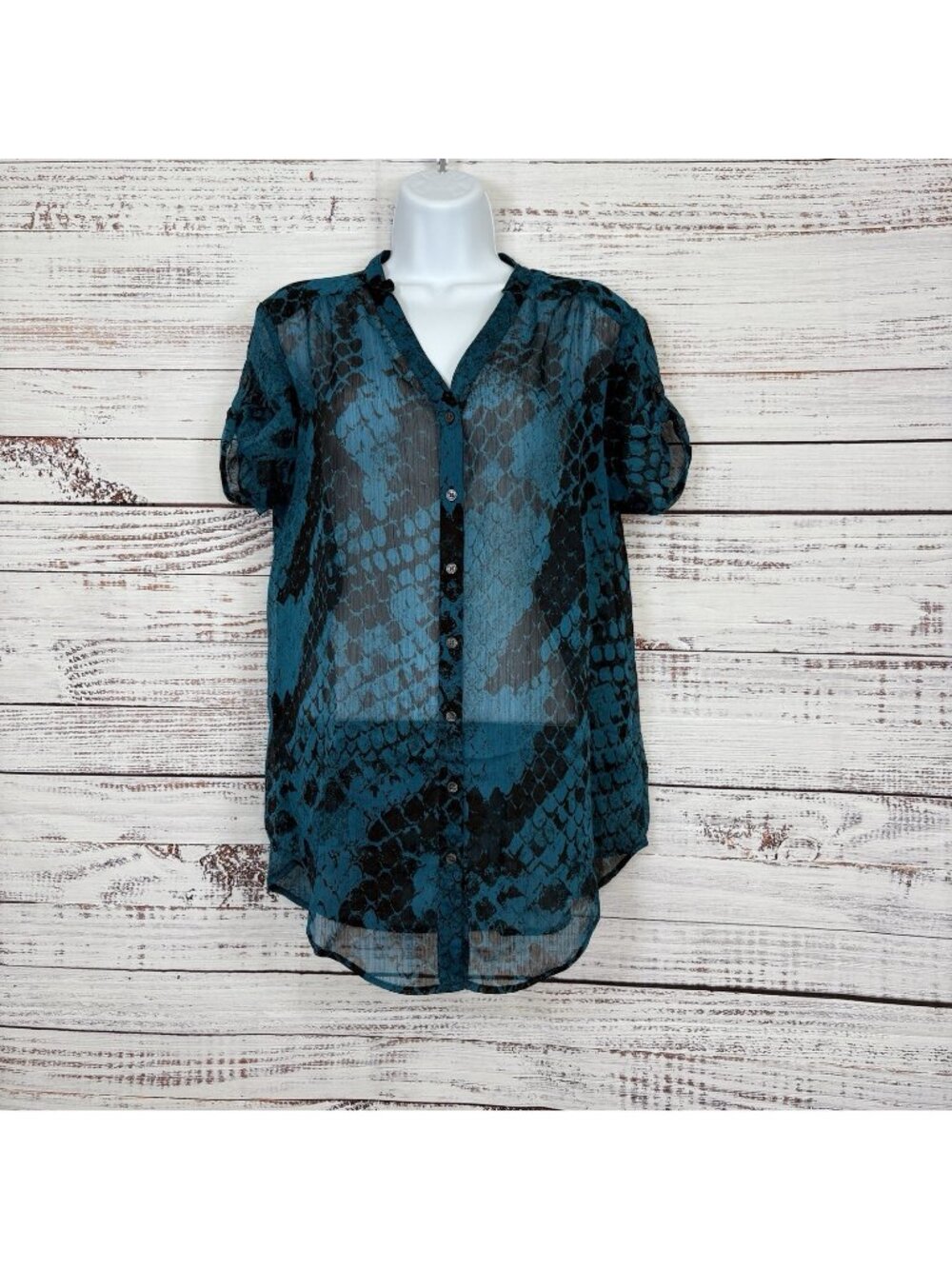 Express Turquoise Black Animal Print Button Sheer Top